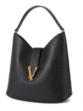Versace Virtus Black Leather Shoulder hobo Bag New